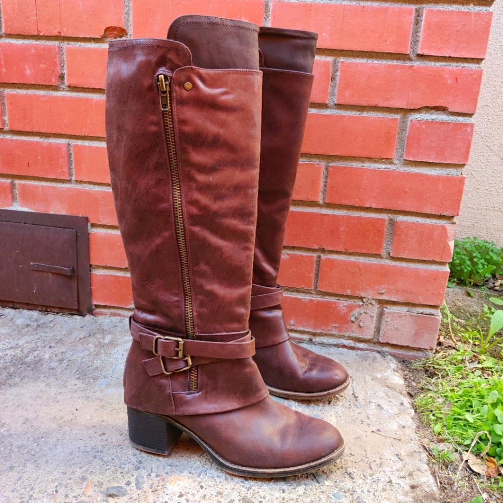 Carlos Santana Brown Tall Riding Boots Zipper Buckle Heels 11